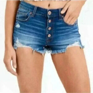 American Eagle Hi-Rise Shortie Jean Shorts Distressed Button Fly Medium  Wash 12